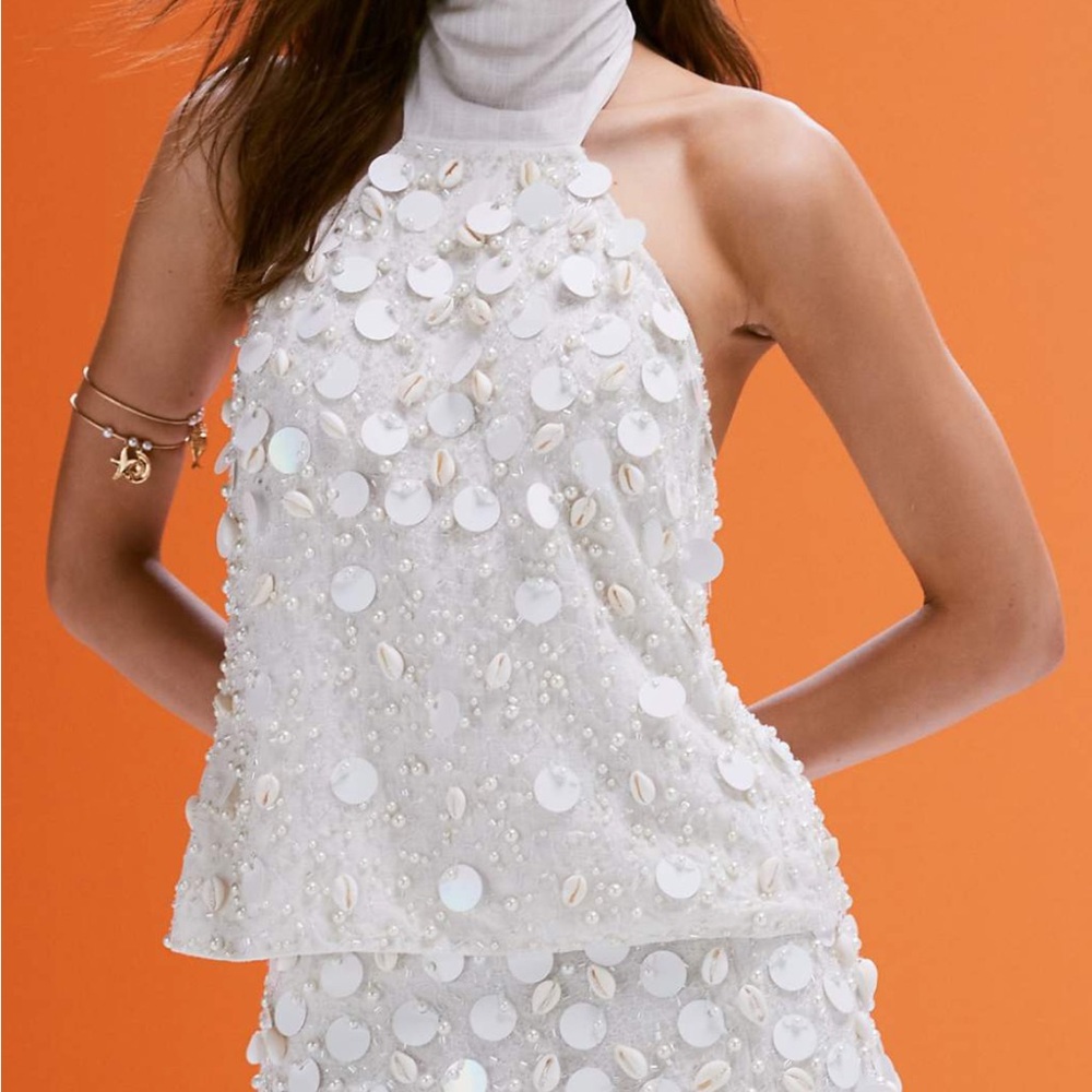 ASOS White Beaded Halter Top with Shell and Sequin Accents